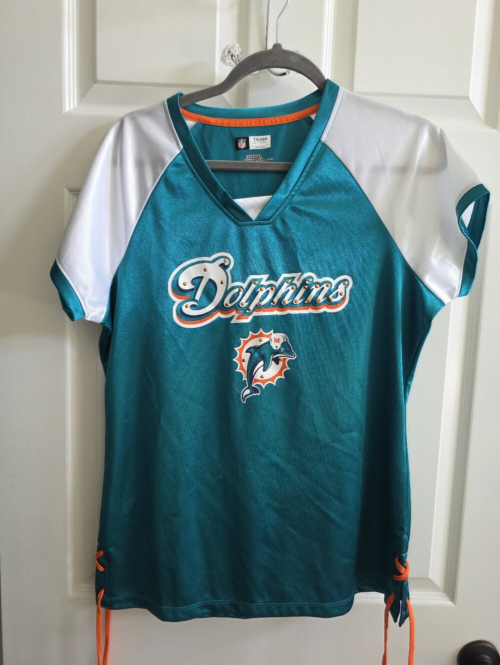 NFL Team Apparel Miami Dolphins Lace-Up V-Neck Jersey Shirt Top Women's Large